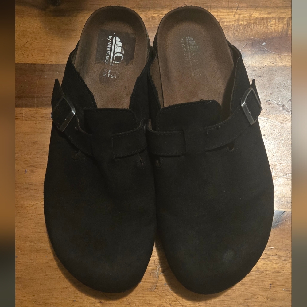 White Mountain Black Suede Slip-On Clogs with Buckle Accent